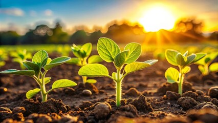 Sticker - Soybean seedlings emerging in a sunlit field during springtime