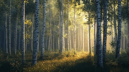 Sticker - Sunbeams shining through the trees in a birch forest.