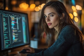 Canvas Print - A woman is sitting in front of a computer monitor, typing on a keyboard. She is wearing a black sweater and has a serious expression on her face