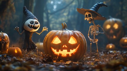 Halloween party with characters like ghost, witch, zombie, pumpkin and skeleton on grim background