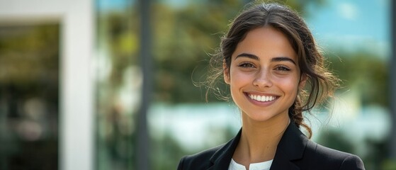 Wall Mural - a woman with a smile on her face is wearing a black suit and white shirt. she is standing in front o