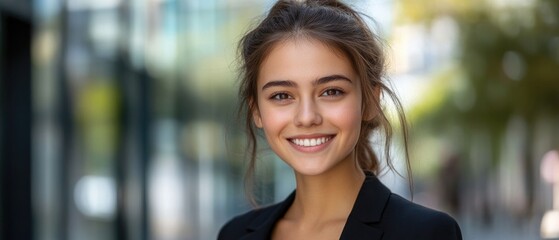 Wall Mural - a woman with a smile on her face is standing in front of a building. she is wearing a black jacket a