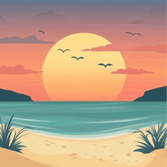 Wall Mural - Sunset over the ocean with a sandy beach.