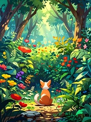 Wall Mural - Cat in the Enchanted Forest