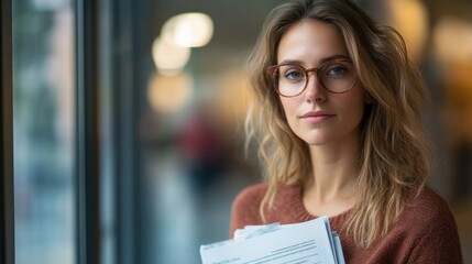 Canvas Print - A woman with glasses is holding a stack of papers. She has a serious expression on her face