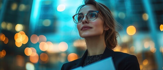 Wall Mural - A woman wearing glasses and a black jacket is holding a piece of paper. She is looking up at the camera with a smile on her face. Concept of confidence and professionalism