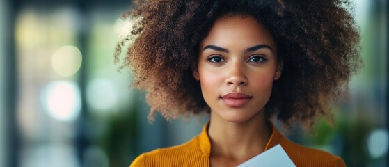 Wall Mural - A woman with curly hair is standing in front of a window with a yellow shirt on. She is holding a piece of paper in her hand