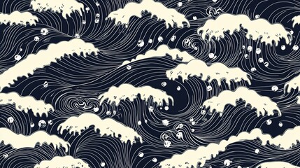 Poster - Illustration of stylized ocean waves and clouds, featuring dynamic patterns and contrasting colors, evokes a sense of movement and calmness