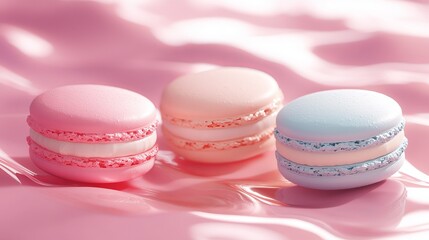 Poster - Three colorful macarons with white filling on a pink background.