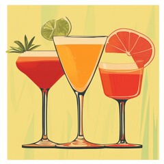 Poster - Three colourful cocktails in glasses with a slice of lime and grapefruit on a yellow background.