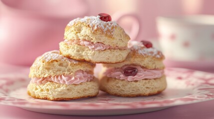 Canvas Print - Three Cream-Filled Scones on Pink Plate with Teacup in Background.