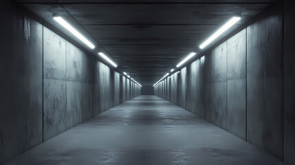 Wall Mural - Dark concrete led white lights underground tunnel corridor cement asphalt hallway warehouse tunnel corridor metal structure realistic empty 3d rendering. 3D Render. Illustration