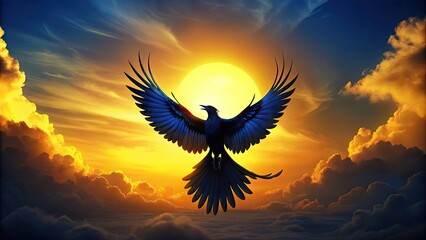 Dark blue bird silhouette with extended wings and tail feathers, set against a bright yellow sun with subtle cloud textures, evoking freedom and serenity.