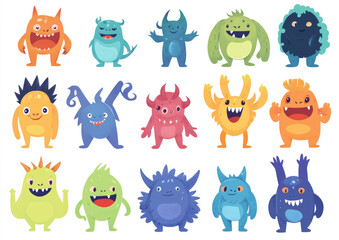 Wall Mural - Set of cute cartoon monsters isolated on a white background, vector illustration design with various happy, smiling characters in different poses or expressions.