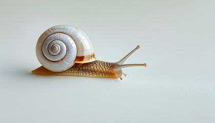 A lifelike little white snail slowly crawls on the soft white background, showing the tranquility and beauty of nature.