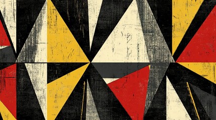 Poster - Abstract geometric pattern featuring triangles in red, yellow, black, and white on a textured background