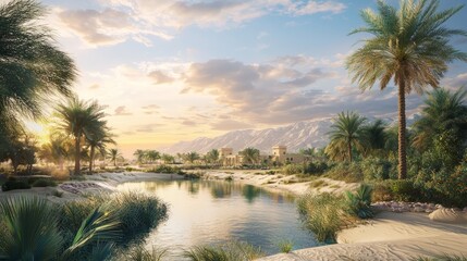 Sticker - Tranquil oasis with a winding canal and palm trees against a backdrop of mountains at sunset.