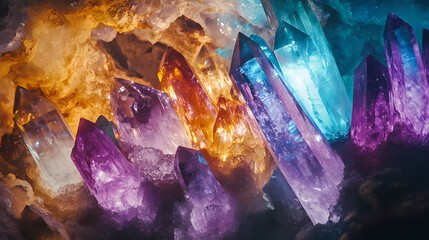 Close-up view of beautiful colorful natural crystal stone in a cave. Crystal Cave. Illustration