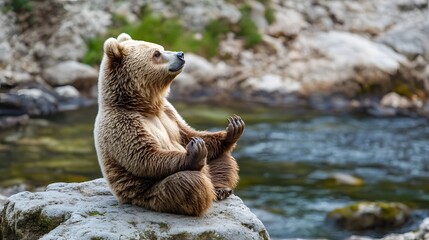 A brown bear sits in a meditative pose on a rock by a flowing river.