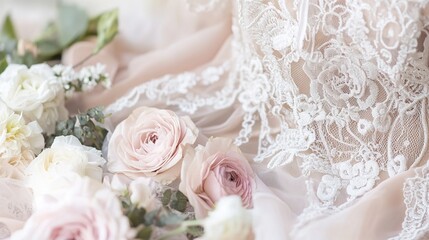 Delicate lace and soft pastel roses create an elegant setting for a romantic bridal bouquet and gown display in natural light