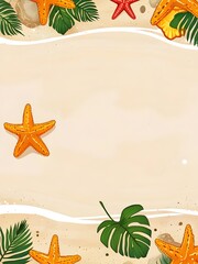 Poster - Summer Beach Background with Starfish and Palm Leaves