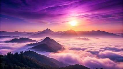 Wall Mural - Foggy mountains at dusk with a purple sky and distant sun