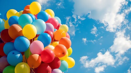 A bunch of colorful balloons against a blue sky with clouds.