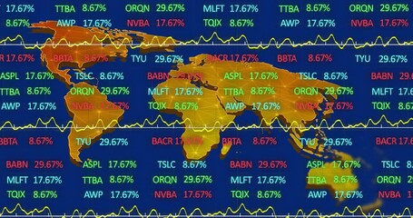 Poster - stock market data and ticker symbols over world map animation