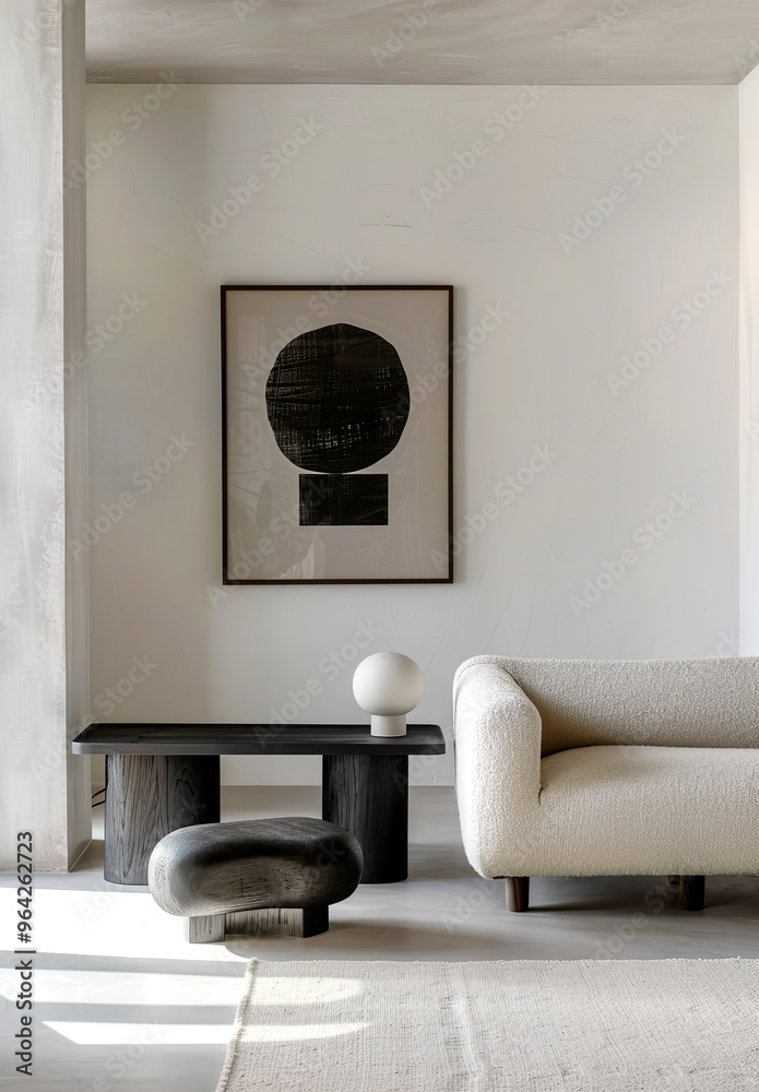 Japandi, minimalist interior design of modern living room. Stock Photo ...