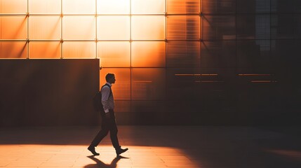 Wall Mural - A man walks away from the camera in front of a large, glass building.