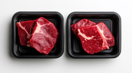 Wall Mural - Two black plastic trays, clear tops, blank labels for branding, marbled beef, flat lay