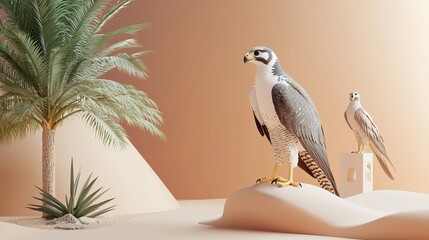 Two falcons stand on a sand dune next to a palm tree in a desert landscape.