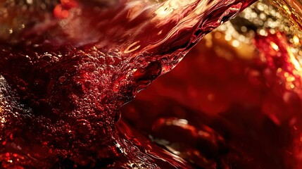 Poster - Close-up of vibrant red liquid splashing against a shimmering background during daytime, showcasing fluid dynamics and color depth