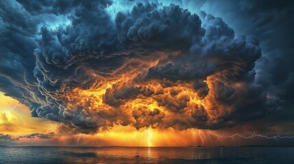 A large cloud over the ocean with lightning coming from it