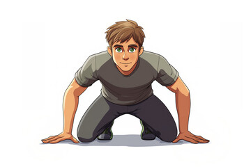 cartoon character, a young man with green eyes, wearing t-shirt stands on all fours on a white background, doing exercises