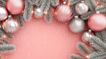 Festive pink and silver Christmas ornaments arranged with pine branches on a soft textured background during the holiday season