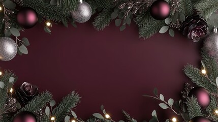 festively decorated holiday wreath with silver and purple ornaments against a maroon background