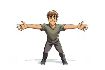 Wall Mural - cartoon character,happy young man with green eyes, wearing a t-shirt is standing with arms open ready for hugs on a white background