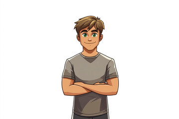 Wall Mural - cartoon character, a young man with green eyes, wearing a t-shirt is standing with arms crossed on a white background