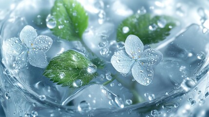 Delicate blue flowers and green leaves submerged in water with droplets glistening in natural light