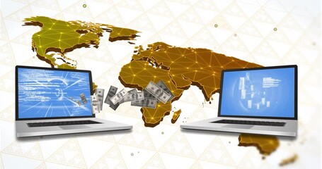 Poster - Digital currency transfer over laptops with world map background