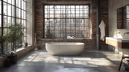 Wall Mural - An open-concept industrial bathroom with a concrete bathtub, brick walls, and metal accents. Large windows bring in natural light, highlighting the raw materials