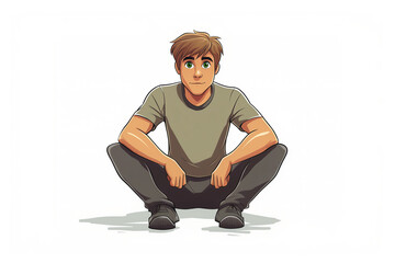 Wall Mural -  cartoon character, a young man with green eyes, wearing t-shirt is sitting on the floor on a white background