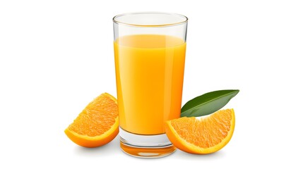 A glass of orange juice with orange slices and a leaf.