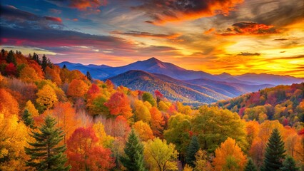 Wall Mural - Vibrant autumn trees against a mountain sunset backdrop