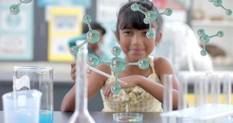 Poster - Smiling girl conducting science experiment with molecular structure animation over classroom