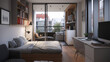 © highspirit - Compact studio space featuring a sliding glass divider to separate the sleeping area from the living space. The design includes contemporary furniture and a small desk for work