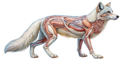 Illustrated anatomical diagram of an arctic fox showcasing its skeletal and muscular structures, organs, and fur adaptation for survival in the harsh Arctic environment.