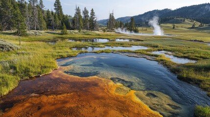 Sticker - Vibrant Geyser Pools with Green Grass and Blue Water.