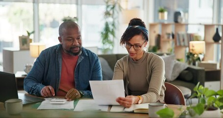 Wall Mural - Mature couple, paperwork and calculator in home for finance, budget or tax compliance for income. People, man and woman with interracial love, documents or review of bills, debt or investing in house